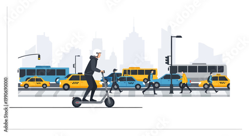 City commuter riding electric scooter past buses and cars