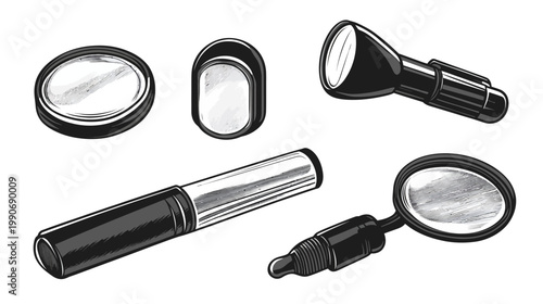 Illustration featuring a collection of hand-drawn medical or inspection tools