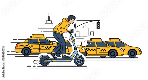 Man riding electric scooter past yellow taxis in city