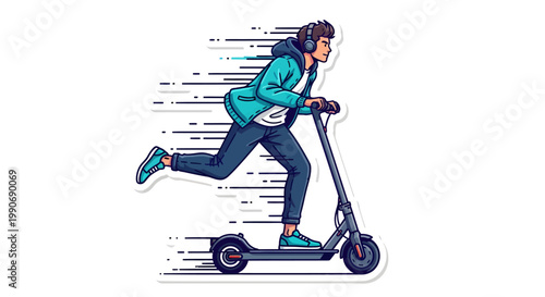 Man riding electric scooter fast with headphones on
