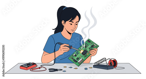 Woman repairing electronic circuit board with soldering iron