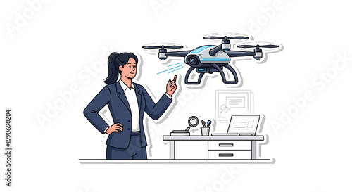 Businesswoman controlling drone from office desk with laptop