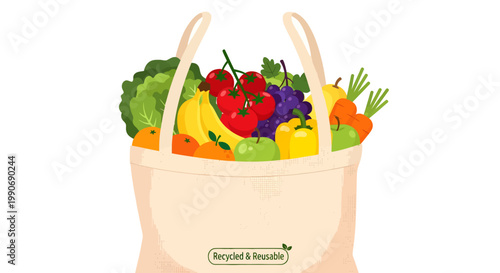Reusable bag filled with fresh colorful vegetables