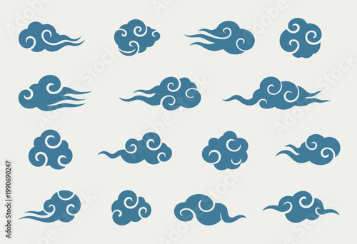 A grid showcasing traditional East Asian blue cloud symbols featuring elegant swirls and graceful flowing shapes