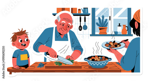 Family cooking together in kitchen with happy child and grandparents