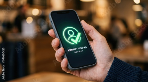 Hand holding smartphone with identity verified checkmark on screen. Digital identity verification concept.
