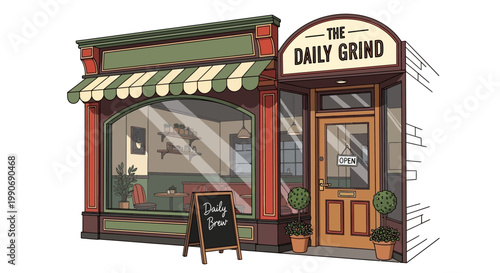Charming illustrated coffee shop exterior with 'The Daily Grind' sign
