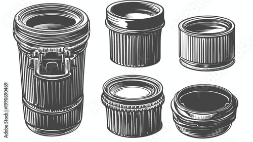 Artistic monochrome illustration of various cylindrical components, possibly mechanical or industrial parts