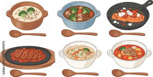 Home Cooked Meal Illustration Set with Stew, Soup, Meat Dishes, and Vegetables in Pots and Pans for Kitchen Recipe Design and Comfort Food Graphics