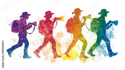 Colorful silhouettes of people hiking with backpacks and megaphones, representing a spectrum