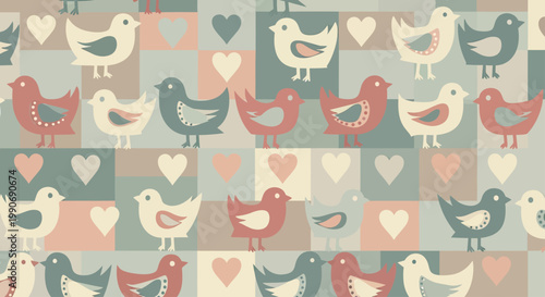 Adorable, simple birds and hearts pattern on a pastel, geometric background
