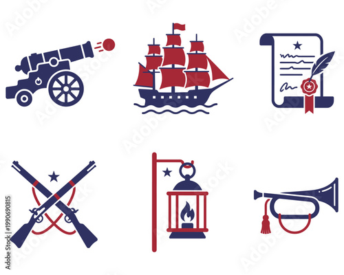 American Revolution patriotic symbols icons set with cannon ship document guns lantern and bugle