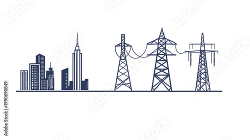 A stylized illustration depicting a city skyline beside power transmission towers