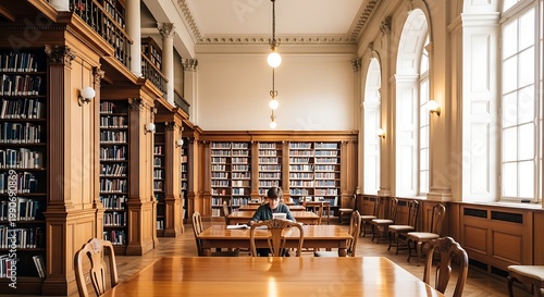 wide shot of a person studying in a classic library interior with wooden tables and tall bookshelves