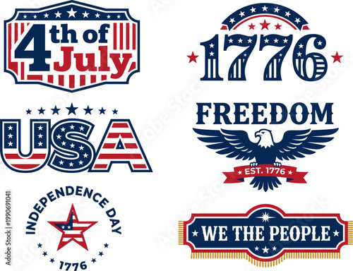 Patriotic American Independence Day graphics and labels with eagle, Stars, And USA flag colors