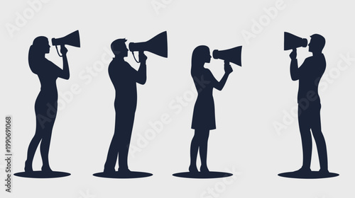 Silhouettes of diverse people with megaphones, conveying message, or making an announcement