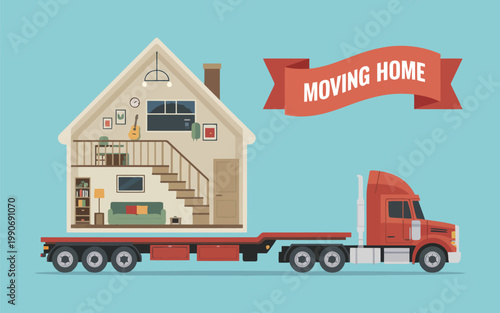 A large red truck transports a house cross section with furniture for a moving service