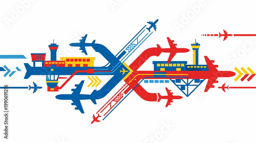 Abstract flat illustration of airport traffic and travel