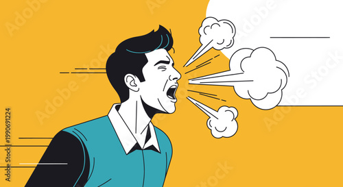 Energetic Young Man Yelling with Force, Speech Bubbles Emanating, on a Bright Yellow Background