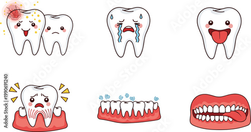Tooth Care and Dental Problem Illustration Set with Cute Cartoon Teeth Showing Pain, Decay, Cleaning, and Oral Hygiene for Medical Education and Healthcare Graphics