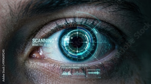 Scanning authorized biometric iris recognition on eye macro. Digital identity verification concept.
