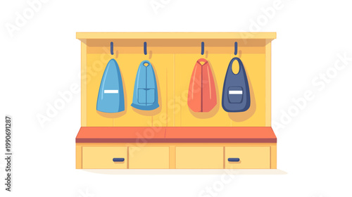 Illustration of a wooden locker room, with coats hanging, and bench for sitting