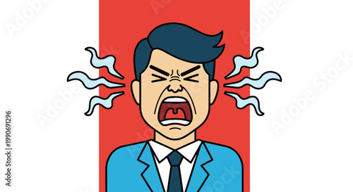 Furious Businessman Yelling with Steam from Ears on a Red Background, Stress and Anger Concept