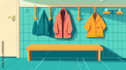 A cartoon locker room scene with blue tiles, wooden bench, and three colored robes