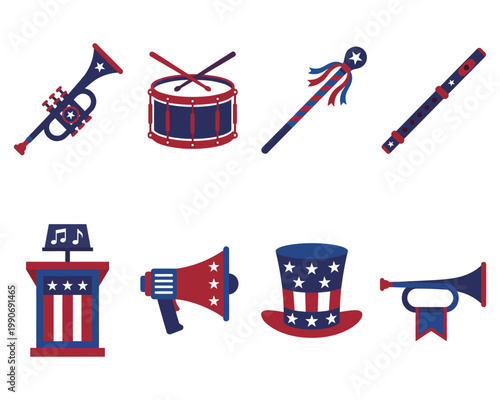Patriotic music and celebration icons set in red white and blue colors for 4th of July or American Independence Day