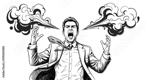 Angry Man in Suit Yelling with Smoke Coming from Mouth and Hands on an Isolated White Background