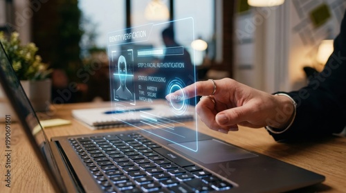 Finger touching identity authentication panel on laptop screen. Digital identity verification concept.