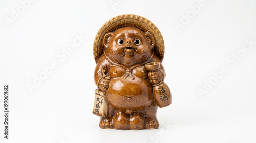 Humorous ceramic maneki-neko with a cheerful expression