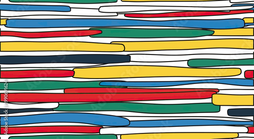 Horizontal, wavy bands of blue, red, yellow, and green fill the frame