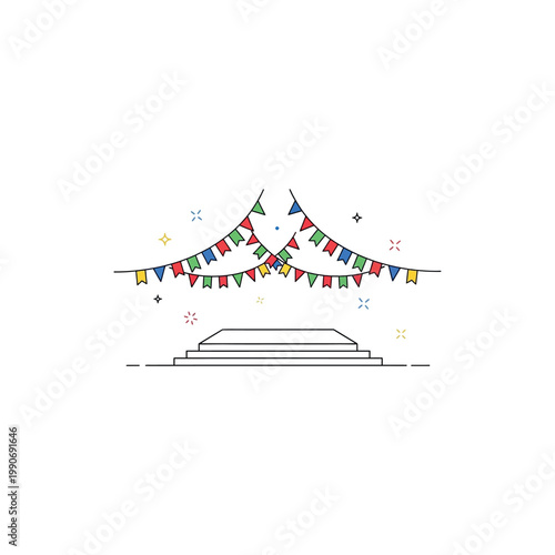 Colorful triangular flags decorate a festive stage with sparklers and confetti nearby.