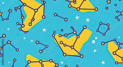 Celestial connections blue background with yellow shapes and star patterns
