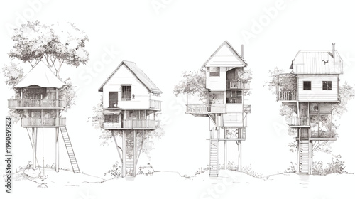 Architectural drawings of four distinct treehouse designs, showcased in grayscale renderings