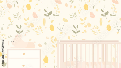 A baby's nursery illustration. Includes crib, dresser, rabbit, and floral wall pattern in pastel colors