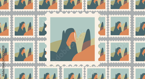 Abstract mountain landscape art stamps fill the frame with earthy tones