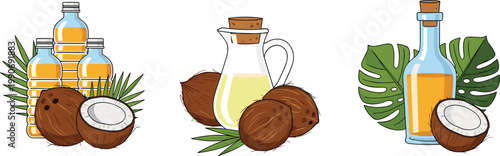 Coconut Oil Illustration Set with Bottles, Glass Jug, and Fresh Coconuts for Organic Skincare, Healthy Cooking, Natural Products, and Tropical Food Design