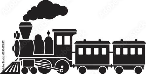 Vintage steam train silhouette classic locomotive with carriages isolated on white background for transportation and travel concepts