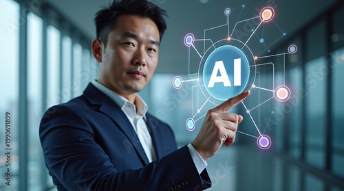 Suited businessman pointing at glowing AI hub with connected network nodes