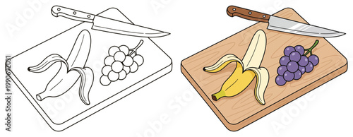 Cutting board with fruits and knife cartoon kitchen food illustration for kids vector design