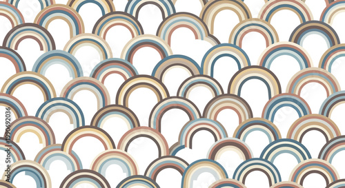 Abstract semicircles in earthy tones overlap, creating a retro pattern