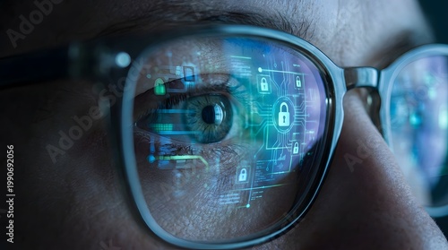 Close up of an eye reflected in glasses displaying digital security icons and data streams
