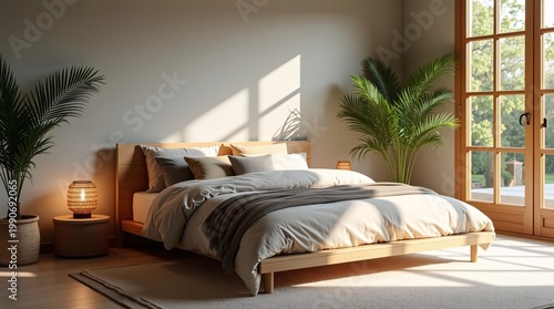Warm minimalist wabi-sabi bedroom with wooden bed, soft neutral tones and sunlit natural ambiance