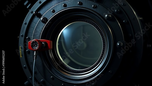 airlock. Circular spaceship airlock door with red sealing valve and window. product launch decks, UI/UX mockups, designed for product launches and innovation pitches, used by operations managers.
