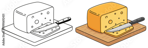 Cheese block sliced dairy food on cutting board with knife vector illustration