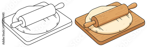 Dough rolling pin on board flat bread preparation scene vector illustration