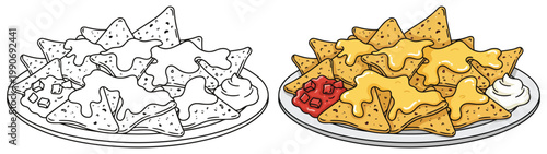 Nachos cheese loaded tortilla chips with sauce and dip Mexican food vector illustration