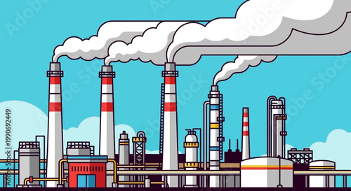 Large Industrial Factory with Smoking Chimneys Causing Air Pollution in a City Landscape